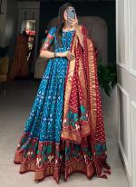 Tussar Silk Blue Festival Wear Printed Readymade Gown With Dupatta